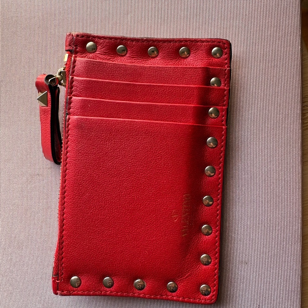 Valentino Red Rock Stud Card Holder Wallet